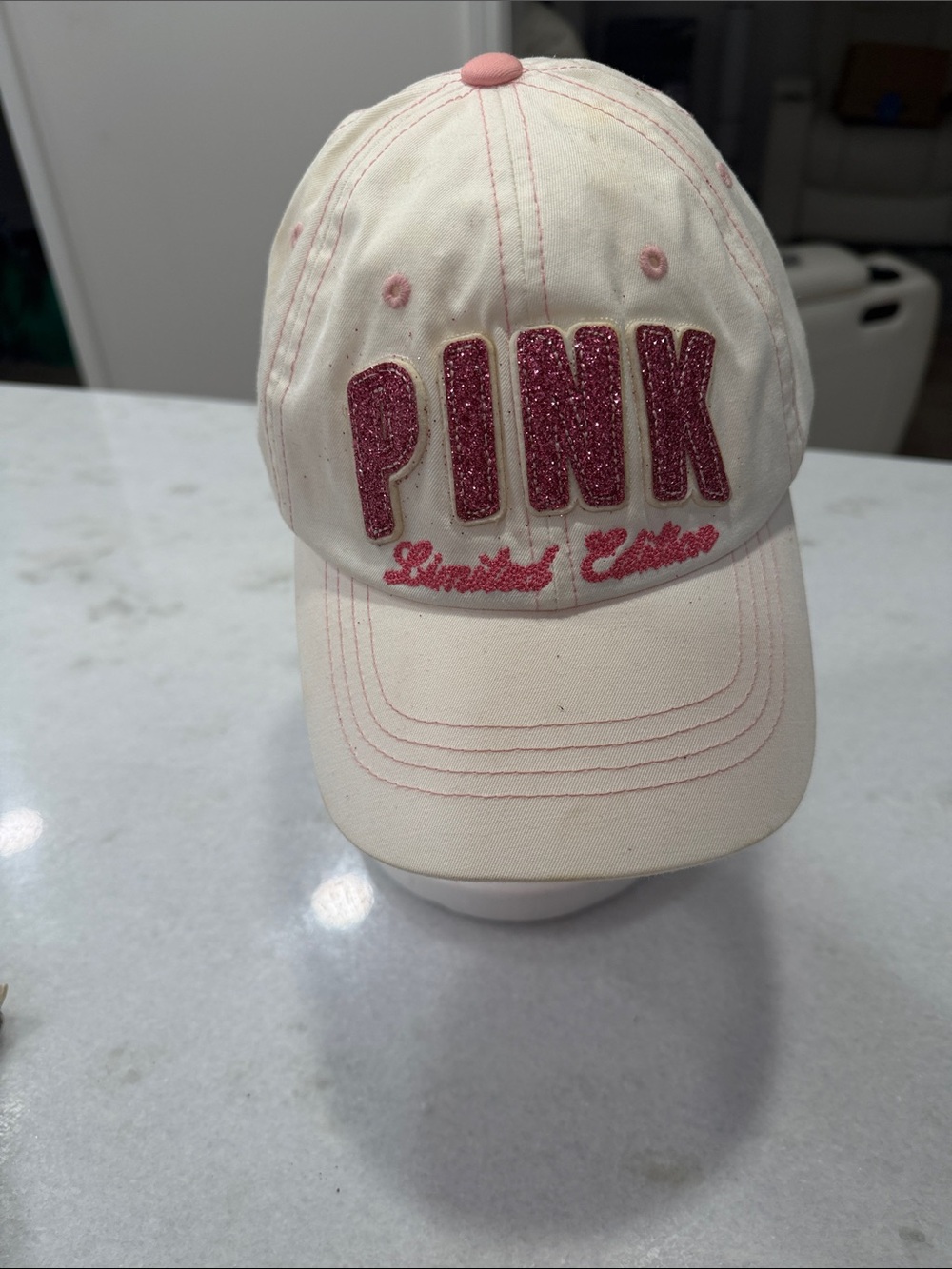 PINK Victoria's Secret Cream Baseball Cap with Pink Glitter Logo